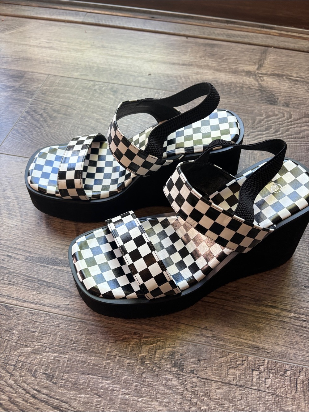 Black & White Checkerboard Slide Platform Sandals